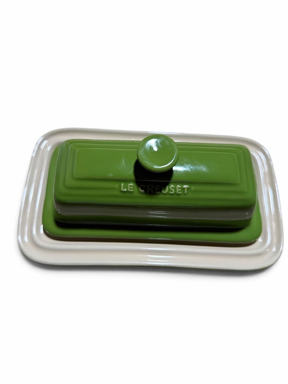 Le Creuset Kiwi Green and Cream French Ceramic Butter Dish